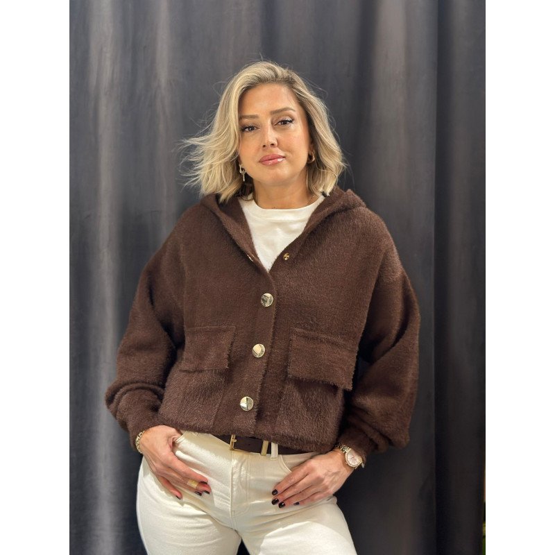 Angora Düğmeli Kapşonlu Hırka