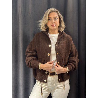 Angora Düğmeli Kapşonlu Hırka