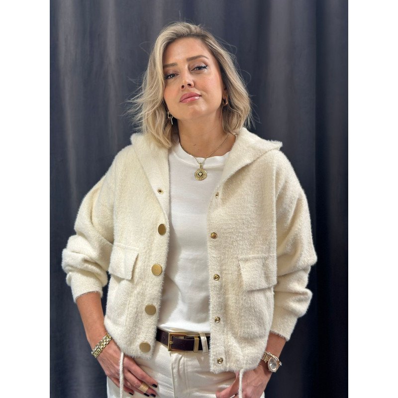 Angora Düğmeli Kapşonlu Hırka