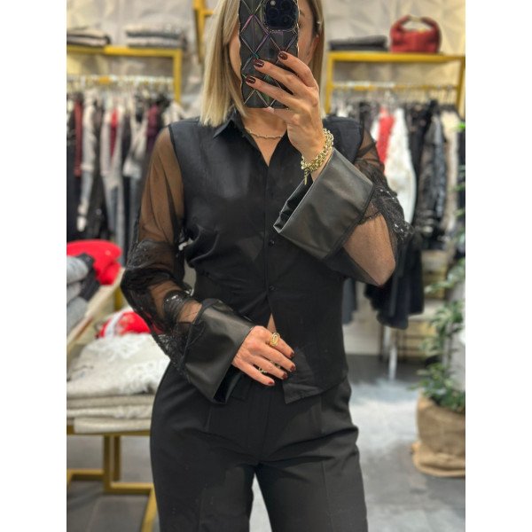 Tasarım Tül Detaylı İşlemeli Gömlek