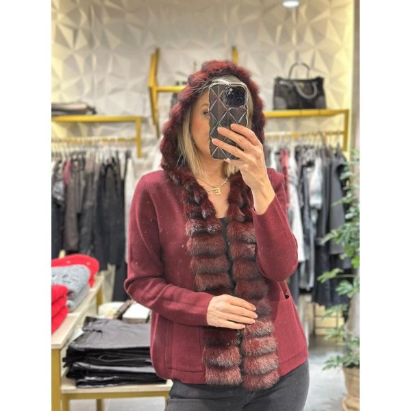 İthal Kürk Detaylı Kapşonlu Hırka