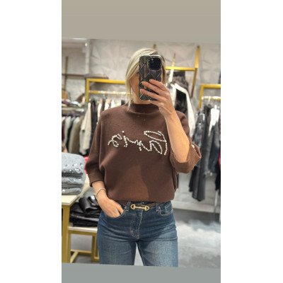 Paris Yazılı İnci ve Taş işlemeli Triko