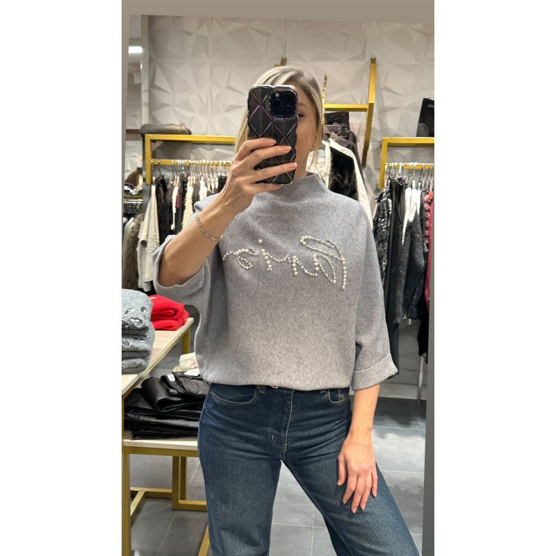 Paris Yazılı İnci ve Taş işlemeli Triko