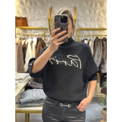 Paris Yazılı İnci ve Taş işlemeli Triko